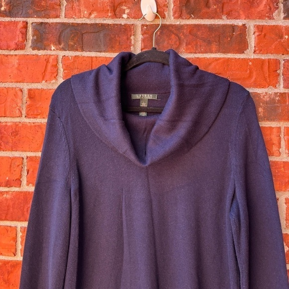 Laure Ralph Lauren Womens Large Navy Wool Blend Turtleneck Sweater Button Sleeve - Picture 2 of 8
